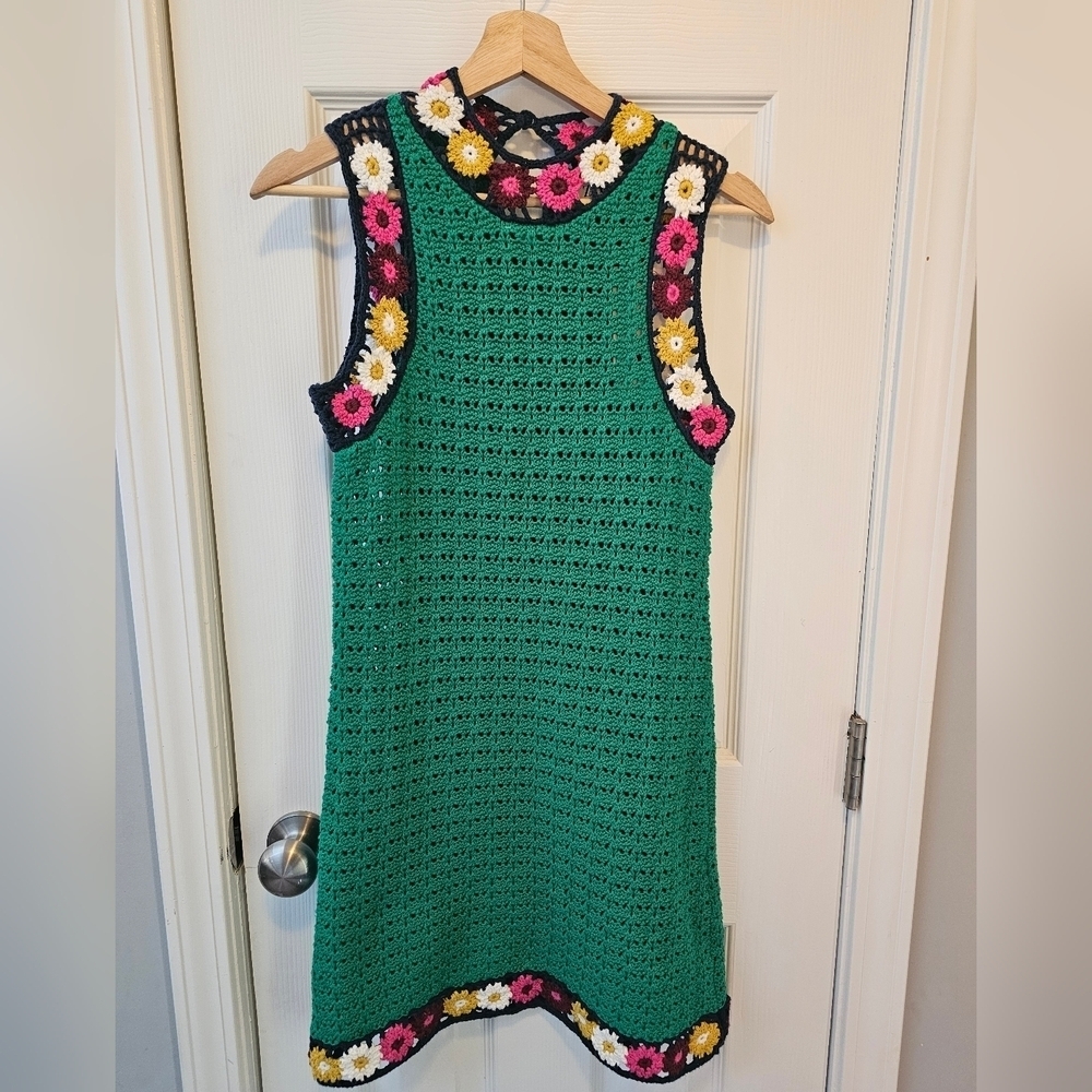 NWT Zara Green Crochet Dress Floral Trim, Small Limited Edition
